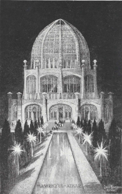 The Mashriqu’l-Adhkár-the first Bahá’í House of Worship in America—when completed. Its foundation is already laid at Wilmette, Illinois, a suburb of Chicago. Mr. Louis Bourgeois, Architect.