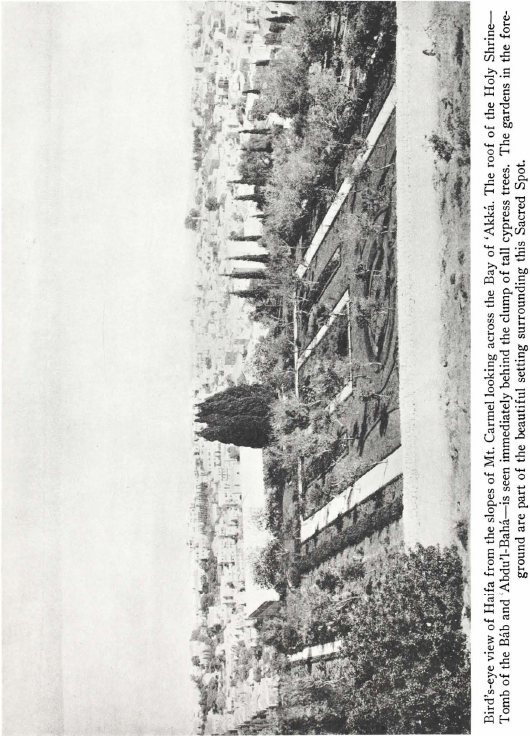Bird’s-eye view of Haifa from the slopes of Mt. Carmel looking across the Bay of ‘Akká. The roof of the Holy Shrine—Tomb of the Báb and ‘Abdu’l-Bahá—is seen immediately behind the clump of tall cypress trees. The gardens in the foreground are part of the beautiful setting surrounding this Sacred Spot.