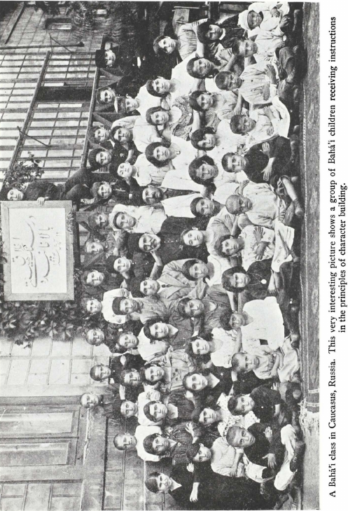 A Bahá’í class in Caucasus, Russia. This very interesting picture shows a group of Bahá’í children receiving instructions in the principles of character building.