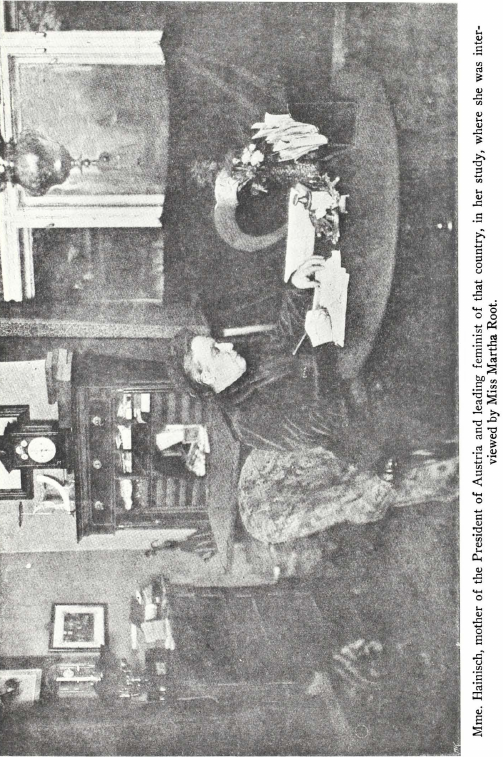 Mme. Hainisch, mother of the President of Austria and leading feminist of that country, in her study, where she was interviewed by Miss Martha Root.